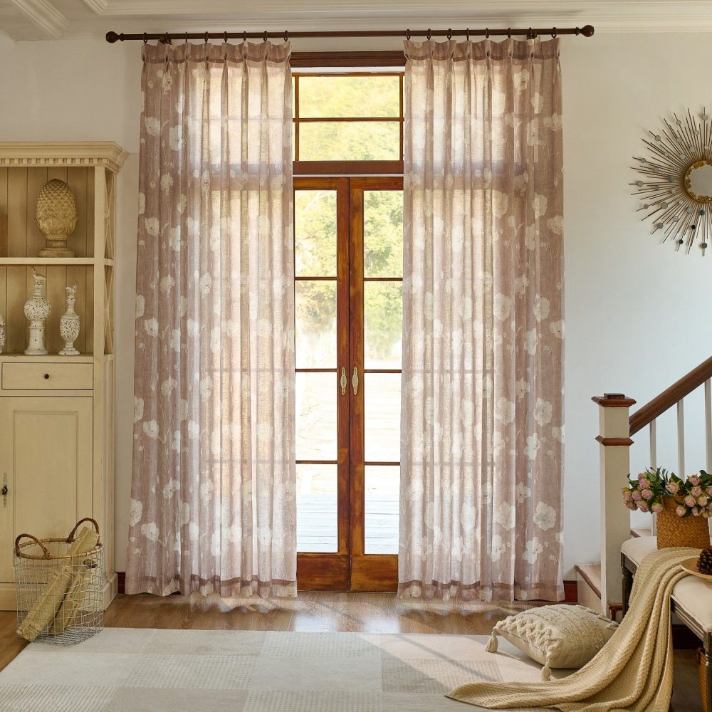 Skye Country Style Pinkish Botanical Linen Sheer Curtains