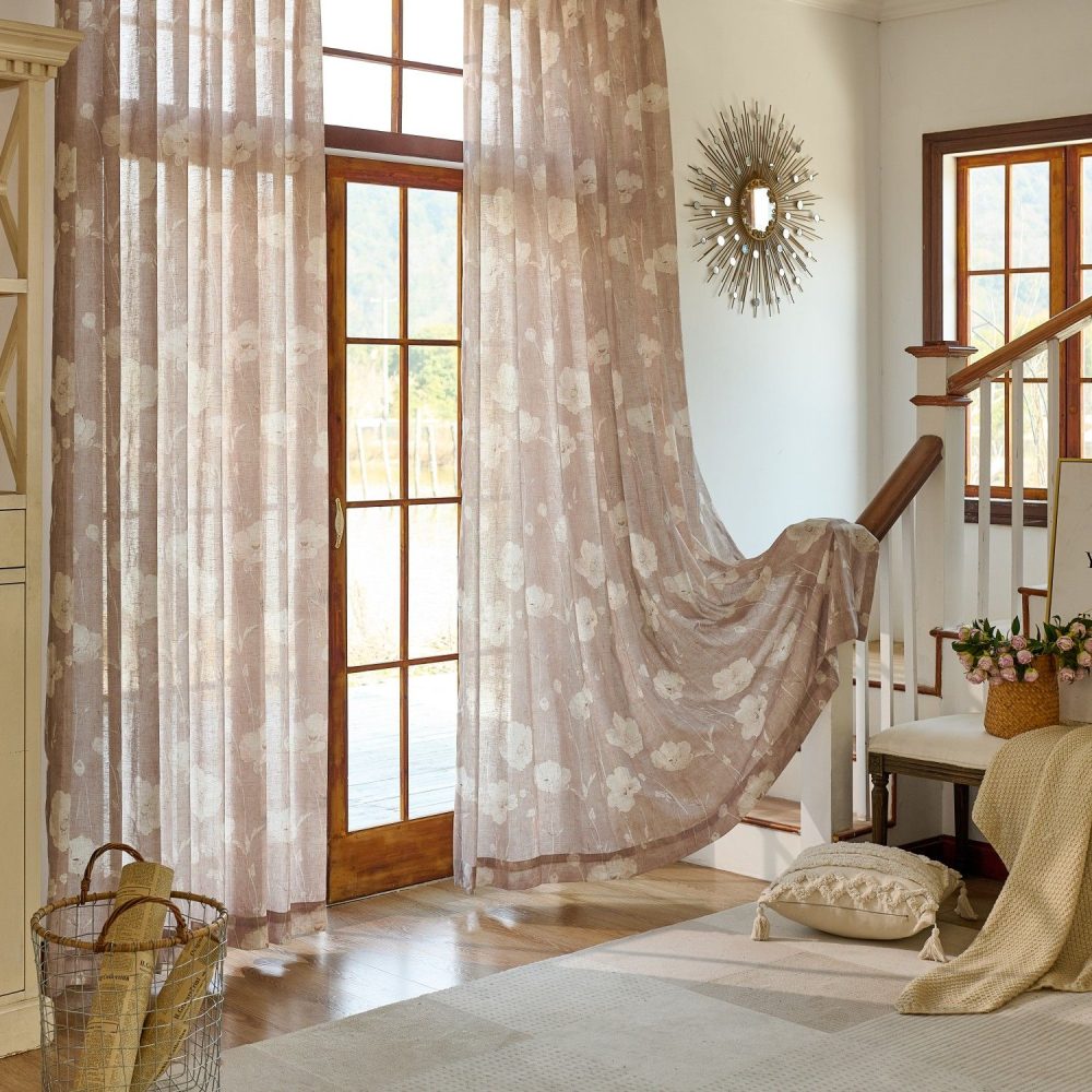 Skye Country Style Pinkish Botanical Linen Sheer Curtains