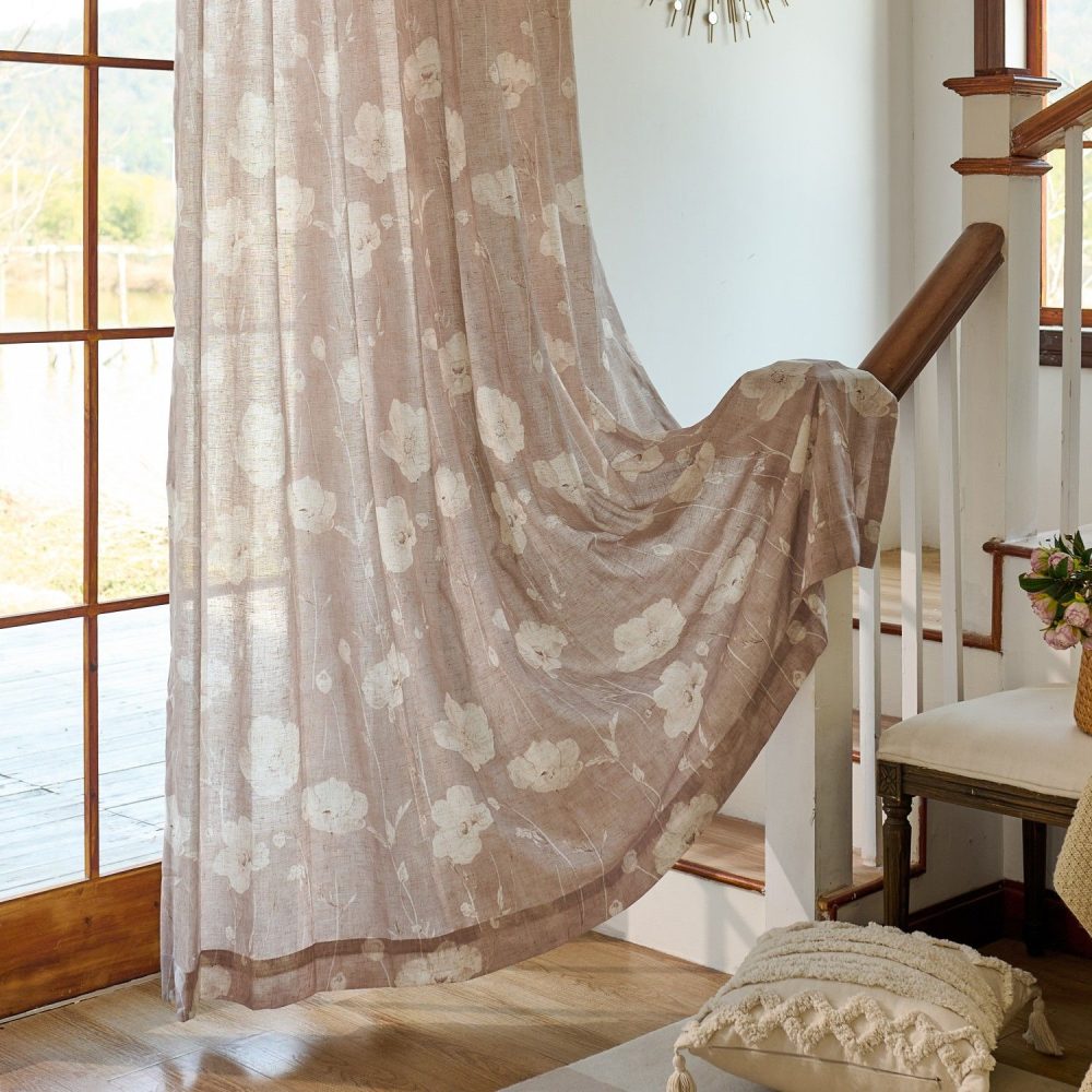 Skye Country Style Pinkish Botanical Linen Sheer Curtains