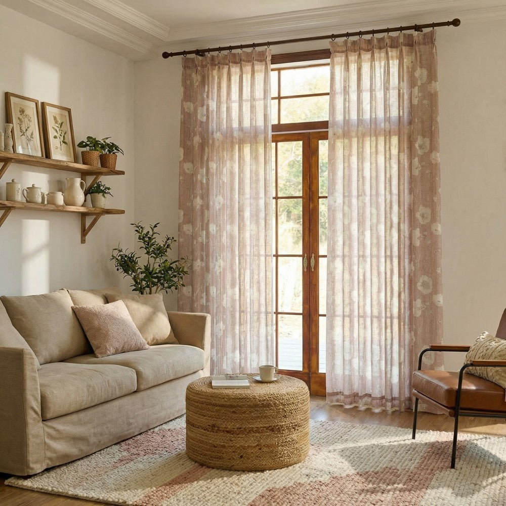 Skye Country Style Pinkish Botanical Linen Sheer Curtains