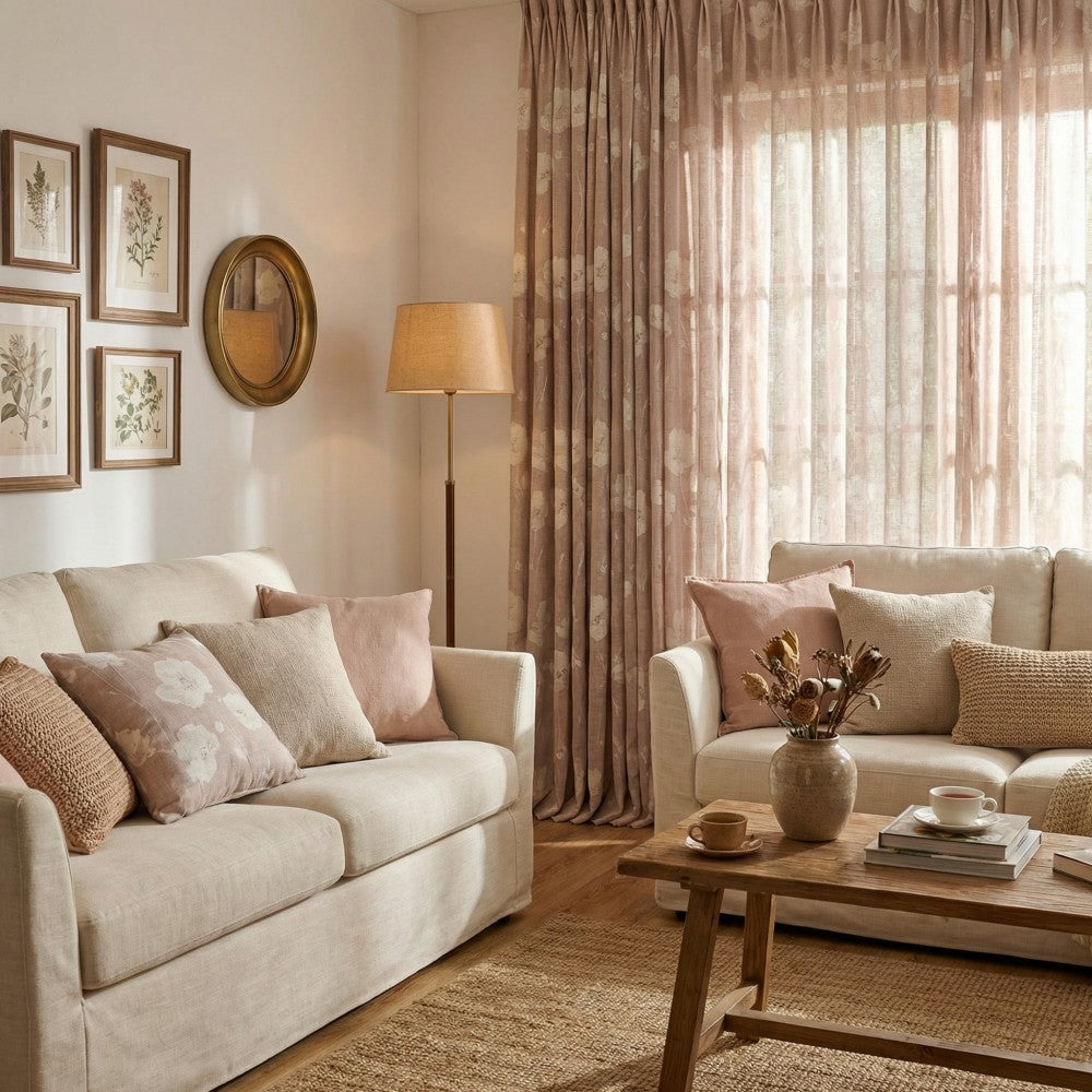 Skye Country Style Pinkish Botanical Linen Sheer Curtains
