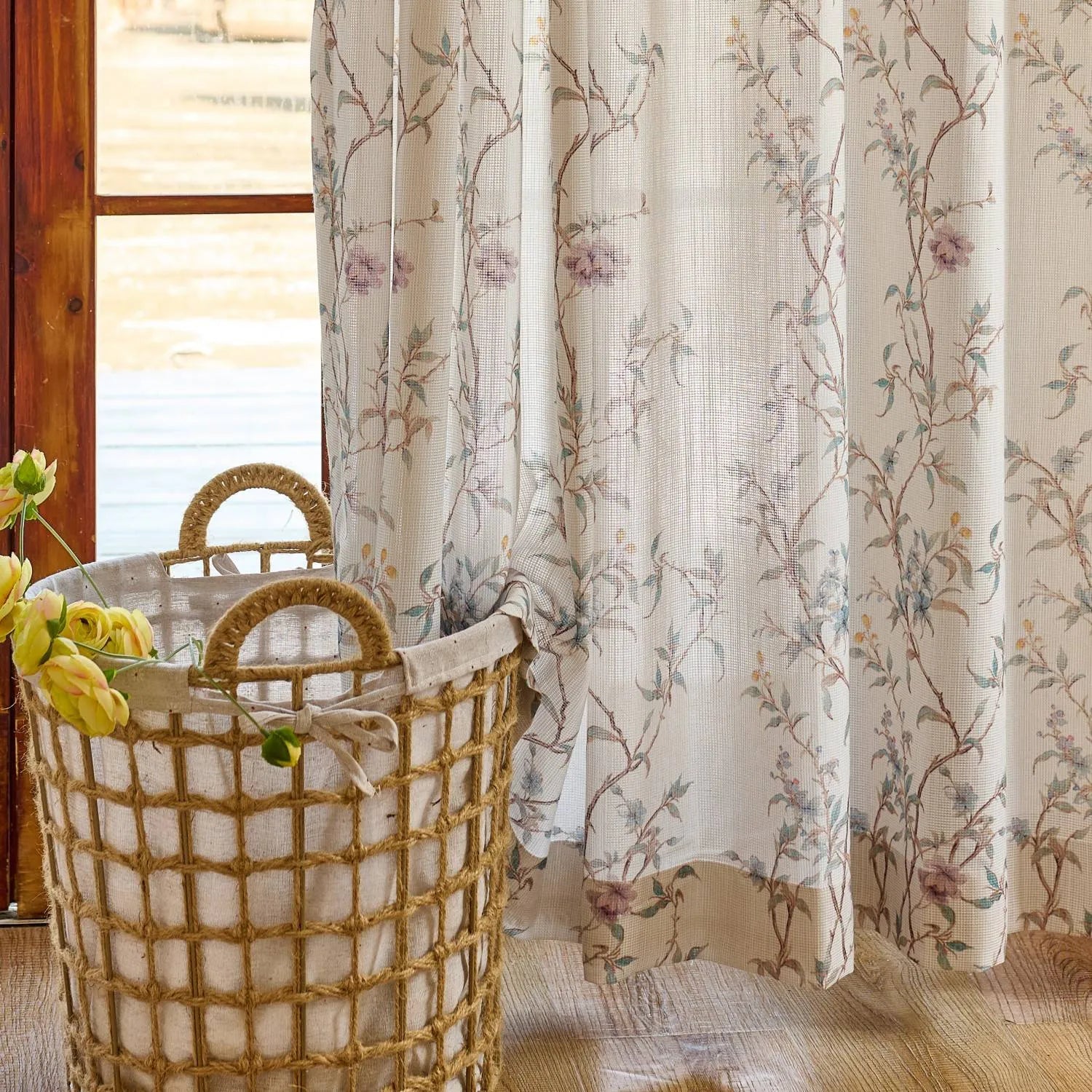 Spring Natural Cream Botanical Vine Sheer Curtains