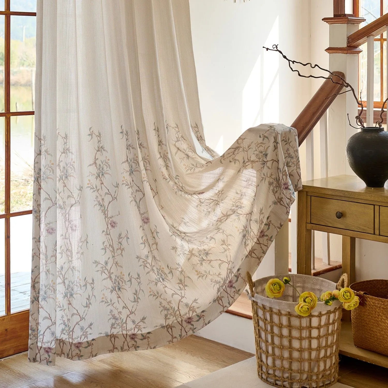 Spring Natural Cream Botanical Vine Sheer Curtains