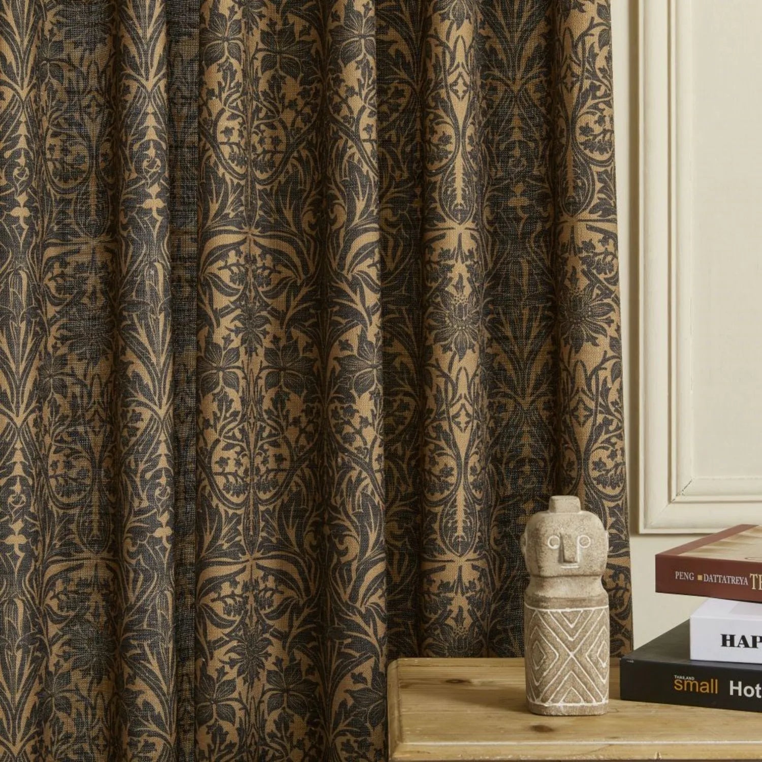 Victoria Beige Printed Damask Linen Curtains