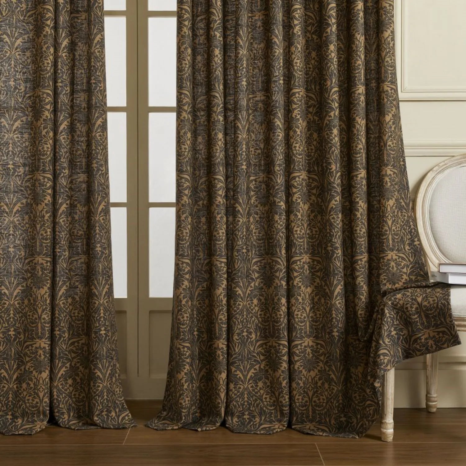 Victoria Beige Printed Damask Linen Curtains