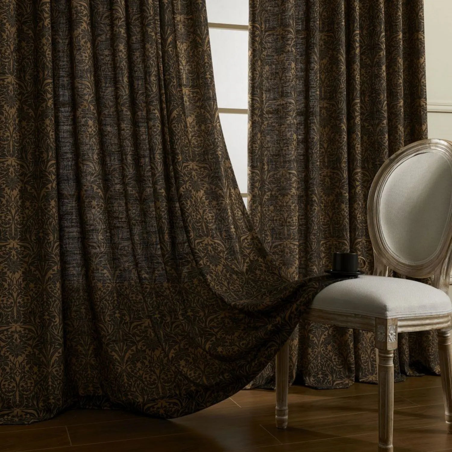 Victoria Beige Printed Damask Linen Curtains