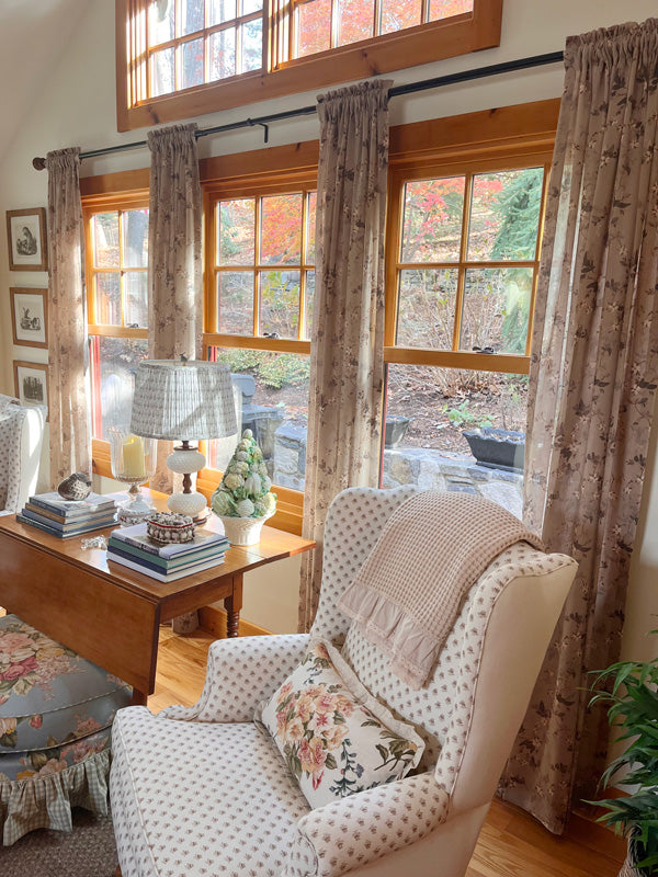 beige floral curtains