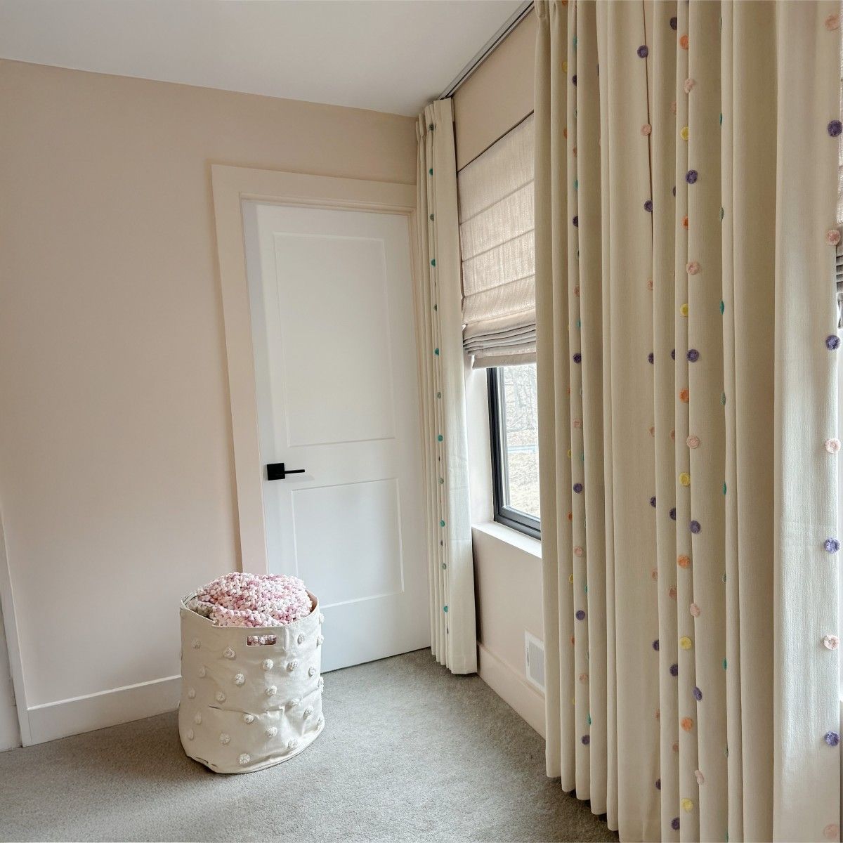 Ashley / Pom Pom Embellished Chenille Curtains / Natural Beige Liner