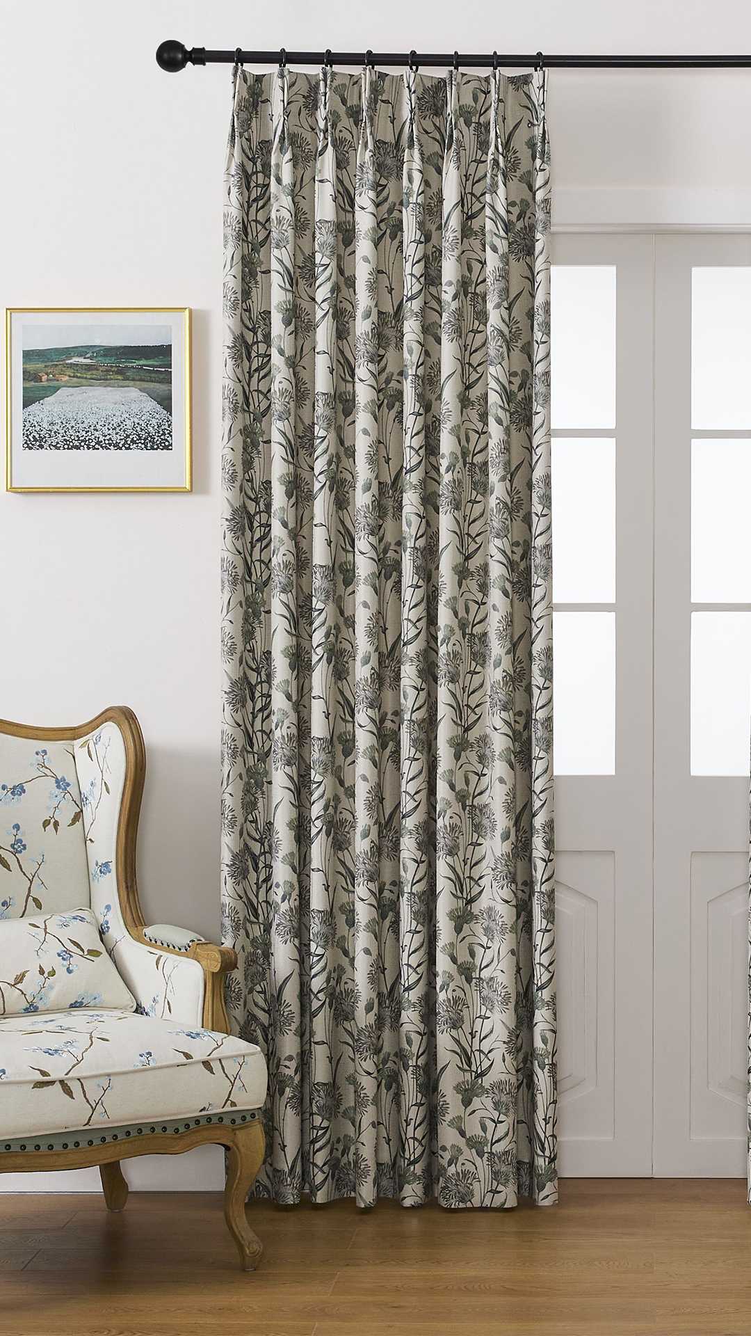 Julia / Green Printed Sage Floral Curtains / Unlined