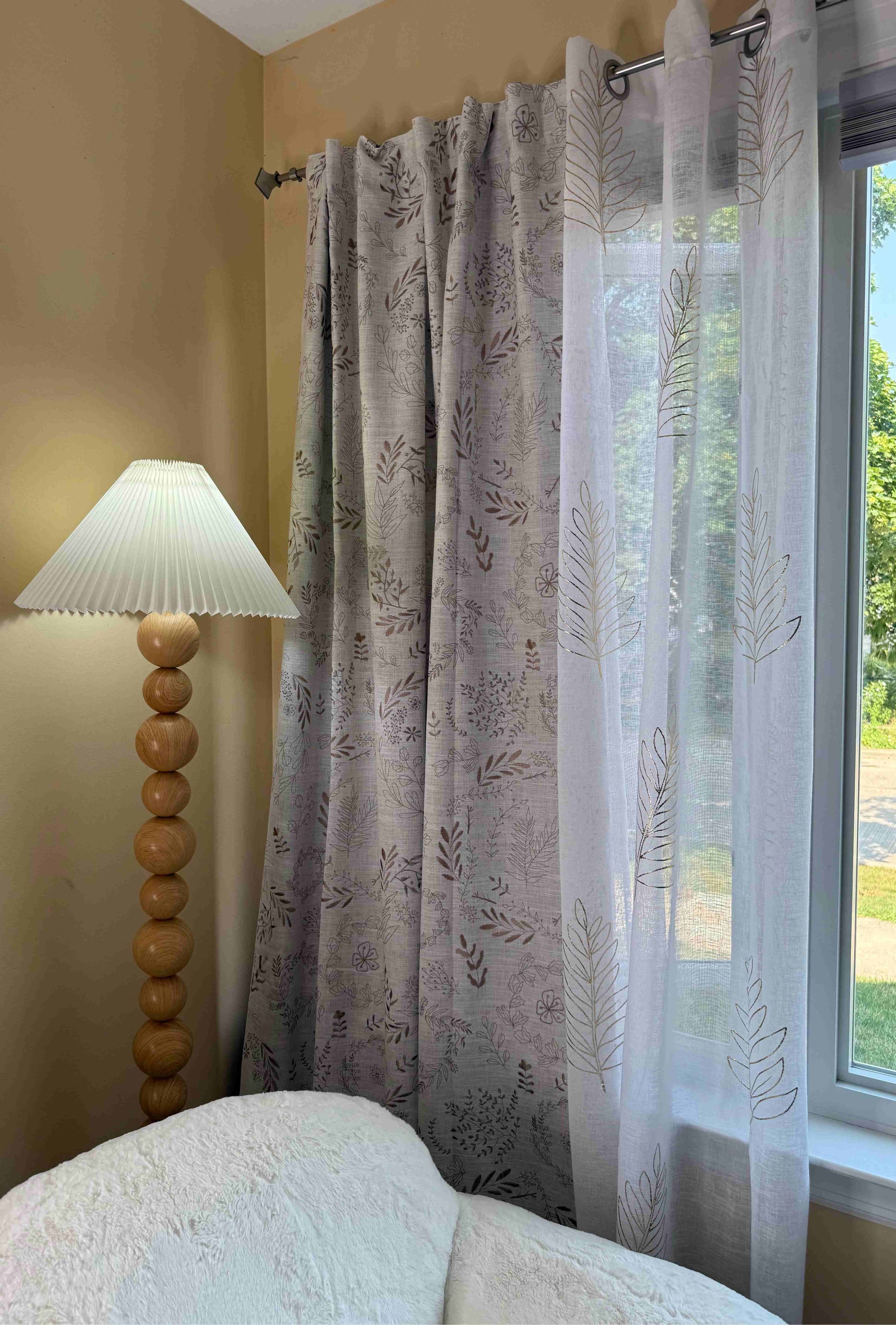 Peggy / Subtle Leaf Linen Embroidered Curtains / Natural Beige Liner